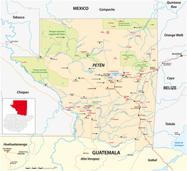Roads and national park map of Peten State, Guatemala
