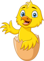 Cute baby chick cartoon coming out of an egg