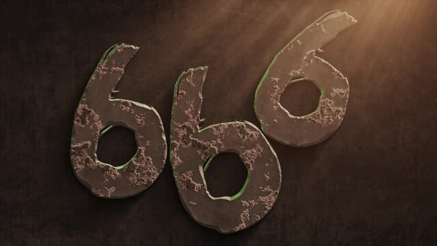 High quality dramatic motion graphic of the devil's 666 symbol, rapidly eroding and rusting and decaying, with warm atmospheric light rays and dust motes