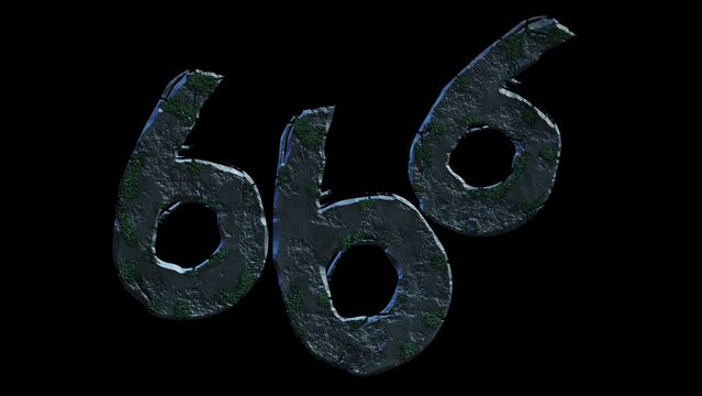 High quality dramatic motion graphic of the devil's 666 symbol, rapidly eroding and cracking and sprouting moss and weeds, on a plain black background