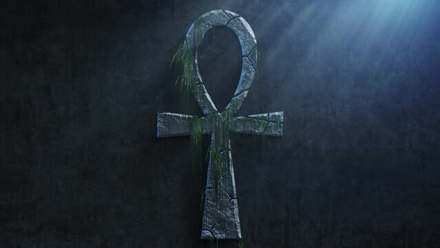 High quality dramatic motion graphic of the egyptian hieroglyphic ankh symbol, rapidly eroding and cracking and sprouting moss and weeds, with atmospheric light rays and dust motes