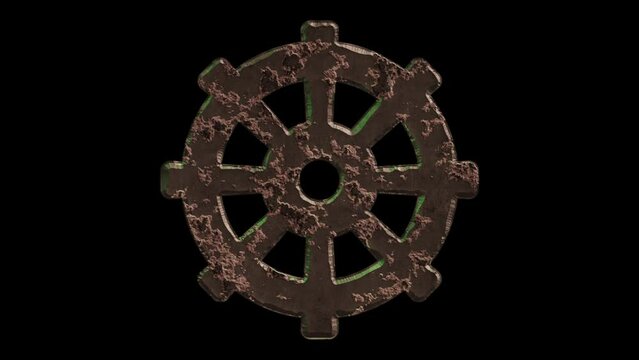 High quality dramatic motion graphic of the Buddhist Dharma Chakra icon symbol, rapidly eroding and rusting and decaying, on a plain black background