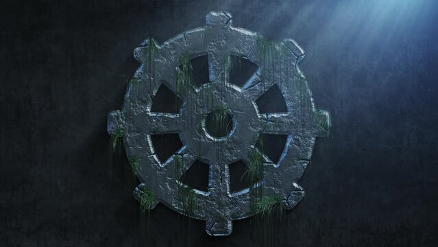 High quality dramatic motion graphic of the Buddhist Dharma Chakra icon symbol, rapidly eroding and cracking and sprouting moss and weeds, with atmospheric light rays and dust motes