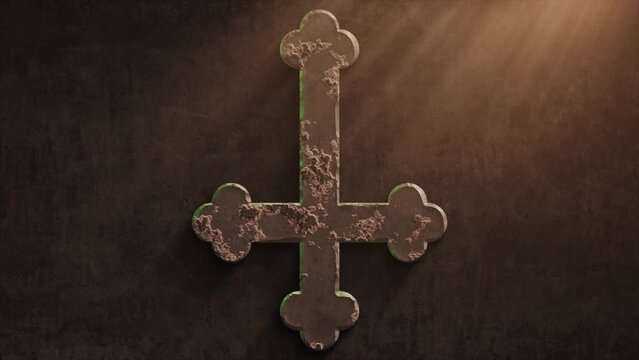 High quality dramatic motion graphic of an ornate Satanic inverted crucifix icon symbol, rapidly eroding and rusting and decaying, with warm atmospheric light rays and dust motes