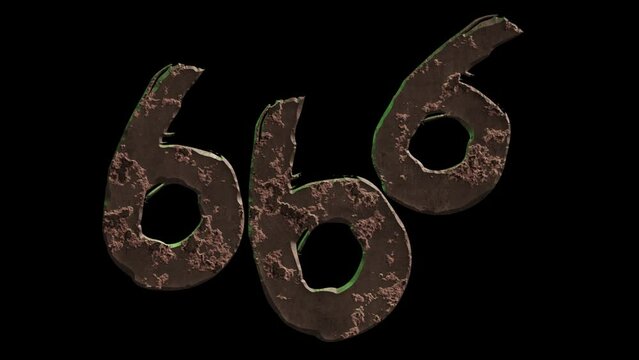 High quality dramatic motion graphic of the devil's 666 symbol, rapidly eroding and rusting and decaying, on a plain black background