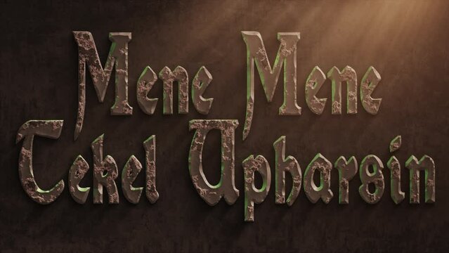 High quality dramatic motion graphic of the biblical wall text Mene Mene Tekel Upharsin, rapidly eroding and rusting and decaying, with warm atmospheric light rays and dust motes