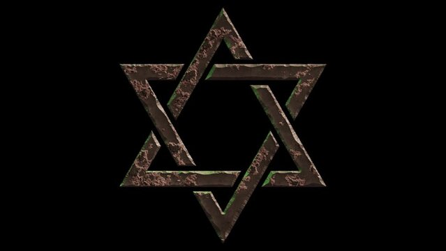High quality dramatic motion graphic of the Jewish Star of David icon symbol, rapidly eroding and rusting and decaying, on a plain black background