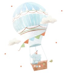 Fototapety  Beautiful children composition with cute watercolor hand drawn baby elephant on air balloon. Stock illustration.