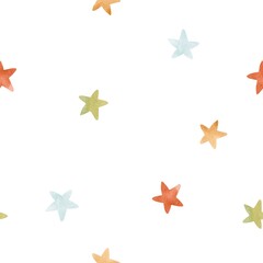 Beautiful children companion seamless pattern with cute watercolor hand drawn stars. Stock illustration.