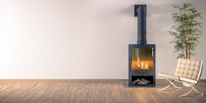 Modern Chair at a Fireplace With Empty Wall & Parquett Floor - Copy Space Background
