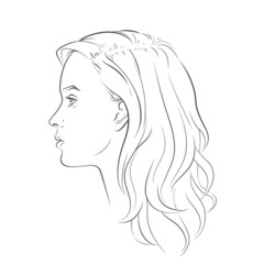 Woman face. Young beautiful girl with curly long wavy hair curls. Volume, haircut, hairdressing, hairstyle. Care and beauty. Vector Black and white line sketch illustration portrait.