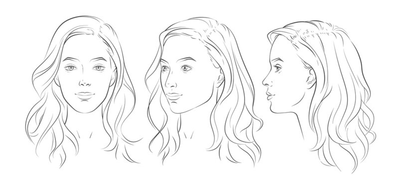 Vector woman face. Set of three different angles. Different view front, profile, three-quarter of a girl face.