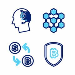 Set line Shield with bitcoin, Processor chip dollar, Blockchain technology and Bitcoin think icon. Vector