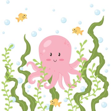 A cute, funny pink octopus swims in the sea among seaweed on a white background. Vector flat illustration