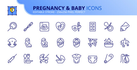 Simple set of outline icons about pregnancy and baby.