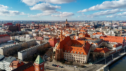 Fototapeta na wymiar Aerial panorama of Wroclaw city in Poland, Urban cityscape with historical european architecture