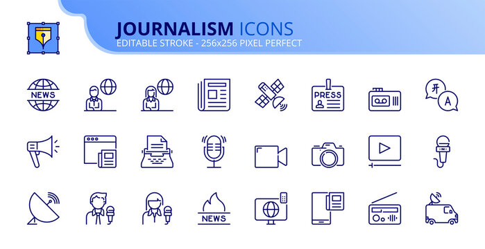 Simple set of outline icons about journalism and news.