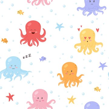 Seamless pattern with cute octopus characters cartoon flat vector illustration.