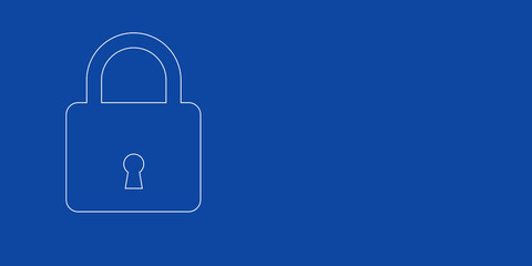 A large white outline padlock symbol on the left. Designed as thin white lines. Vector illustration on blue background