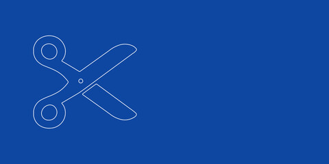 A large white outline scissors symbol on the left. Designed as thin white lines. Vector illustration on blue background