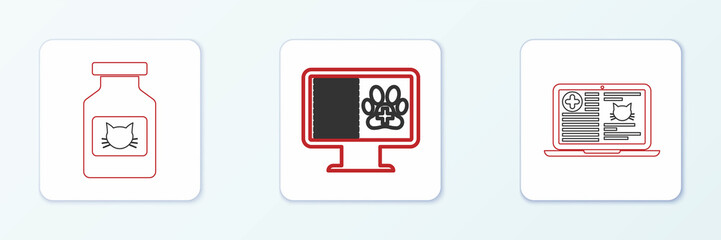 Set line Clinical record cat on laptop, Cat medicine bottle and pet monitor icon. Vector