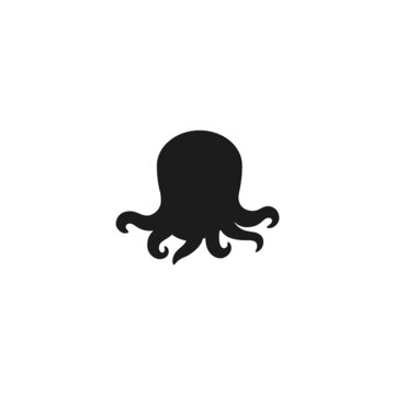 Silhouette of an octopus with tentacles on a white background, black octopus vector flat illustration.