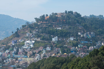 Kathmandu, Nepal- April 20,2022 : Panoramic top view of Katmandu city from Swayambhunath stupa.