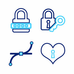 Set line Heart with keyhole, Bezier curve, Lock and and Password protection icon. Vector