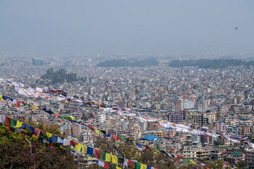 Kathmandu, Nepal- April 20,2022 : Panoramic top view of Katmandu city from Swayambhunath stupa.