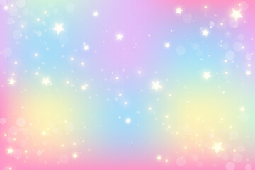 Rainbow fantasy unicorn background. Holographic illustration in pastel colors. Cute cartoon girly background. Bright multicolored sky with stars. Vector.