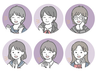 喜ぶ女子学生の斜め向き丸アイコンセット
