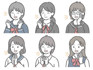 喜ぶ女子学生の斜め向き上半身セット