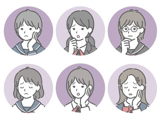 困る女子学生の斜め向き丸アイコンセット