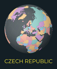 World map centered to Czech Republic. Red country highlighted. Satellite world view centered to country with name. Vector Illustration.