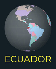 World map centered to Ecuador. Red country highlighted. Satellite world view centered to country with name. Vector Illustration.