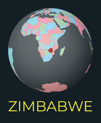World map centered to Zimbabwe. Red country highlighted. Satellite world view centered to country with name. Vector Illustration.