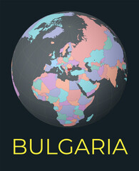 World map centered to Bulgaria. Red country highlighted. Satellite world view centered to country with name. Vector Illustration.