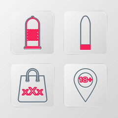 Naklejka premium Set line Location with 18 plus, Shopping bag triple X, Dildo vibrator and Condom safe sex icon. Vector