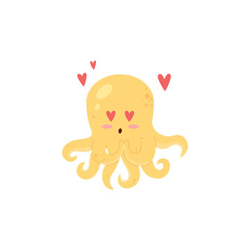 In love, cute, funny yellow octopus on a white background, cartoon style vector flat illustration.