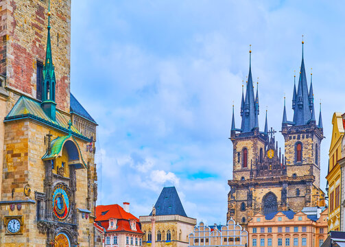Prague Astronomical Clock and Tynsky Church bell towers, Old Town Square, Prague, Czech Republic