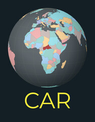 World map centered to CAR. Red country highlighted. Satellite world view centered to country with name. Vector Illustration.