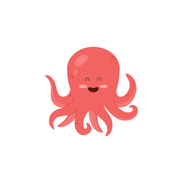 In love, cute, funny red octopus on a white background. Happy octopus in cartoon style vector flat illustration.