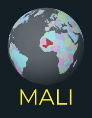 World map centered to Mali. Red country highlighted. Satellite world view centered to country with name. Vector Illustration.