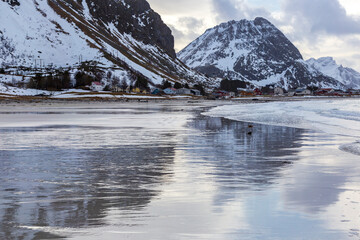 Snowy seascape  near Flakstad at Lofoten islands in Norway.