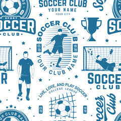 Soccer, football club seamless pattern. Vector illustration. For football club background with soccer and football player, goalkeeper and gate silhouettes. Concept for soccer sport pattern background