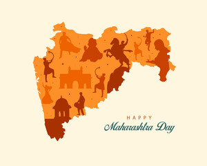Maharashtra Day, the Indian state of Maharashtra map with Marathi culture silhouettes banner design