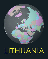 World map centered to Lithuania. Red country highlighted. Satellite world view centered to country with name. Vector Illustration.