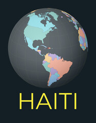 World map centered to Haiti. Red country highlighted. Satellite world view centered to country with name. Vector Illustration.