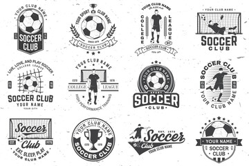 Set of soccer, football club badge design. Vector illustration. For football club sign, logo. Vintage monochrome label, sticker, patch, goalkeeper and gate with soccer and football player silhouettes.