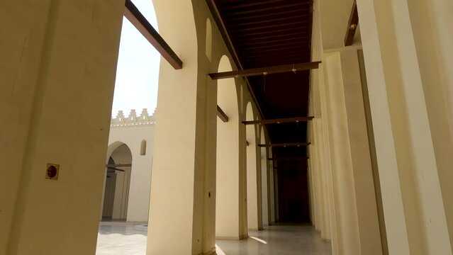 Interior of Al-Hakim Mosque, Islamic Cairo, Egypt.Tilt down shot 